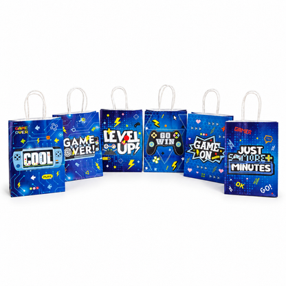 Set of 12 blue video game party favor bags with six assorted gamer designs