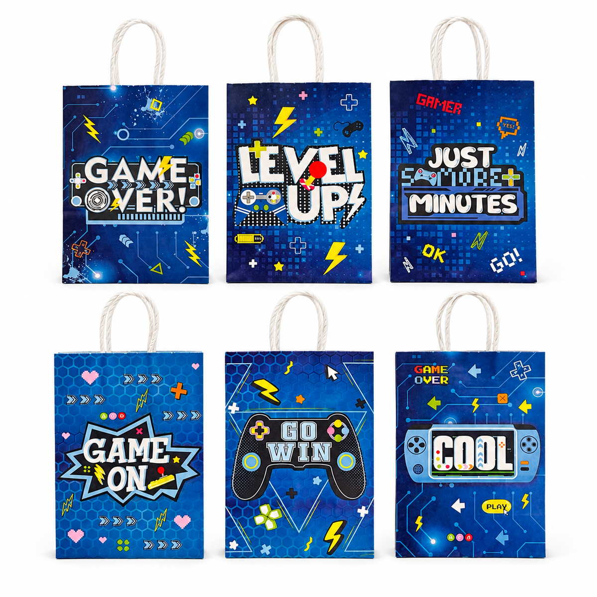 Six video game party favor bag designs with controllers and gaming phrases