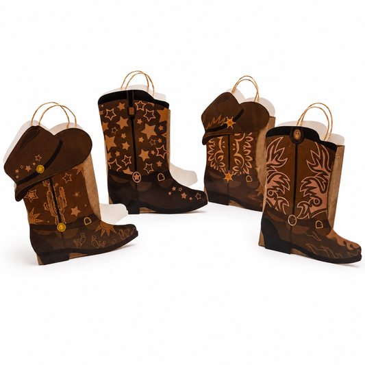 4 party favor bag with brown western boots cutout shapes.