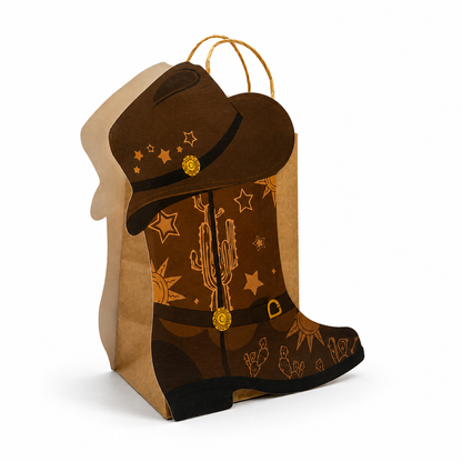 one western boot gift bag in brown color on a white background