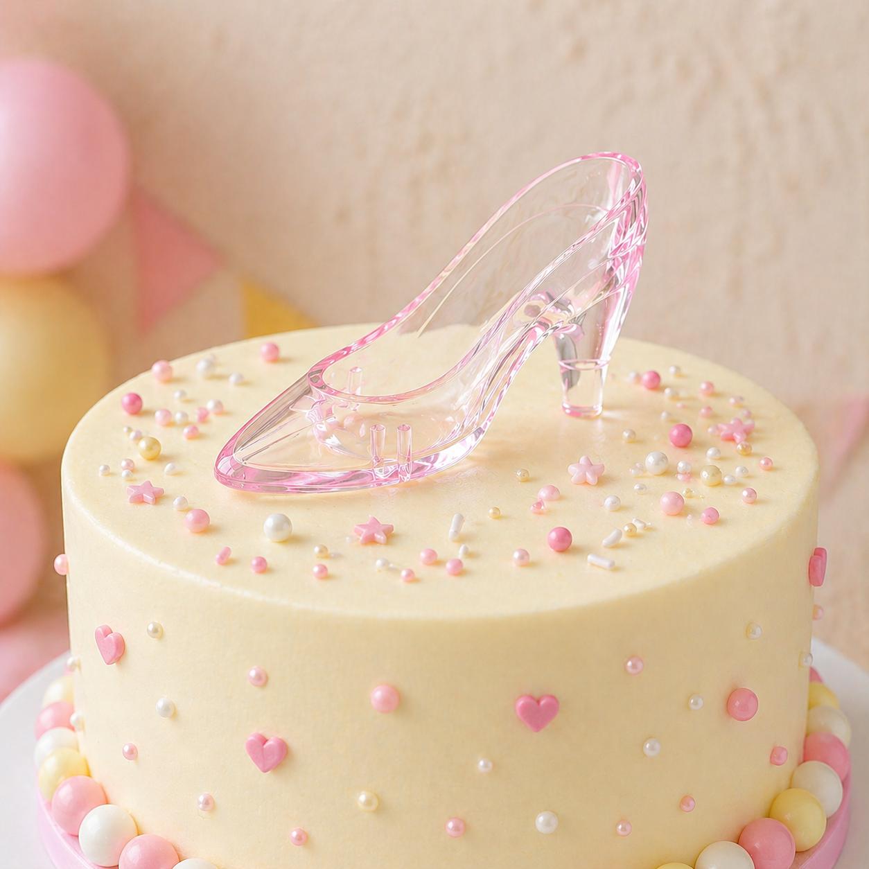Small round cake with pink glass slipper on top, surrounded by balloons.