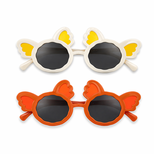 Two pairs of butterfly-shaped sunglasses in white and orange on a white background