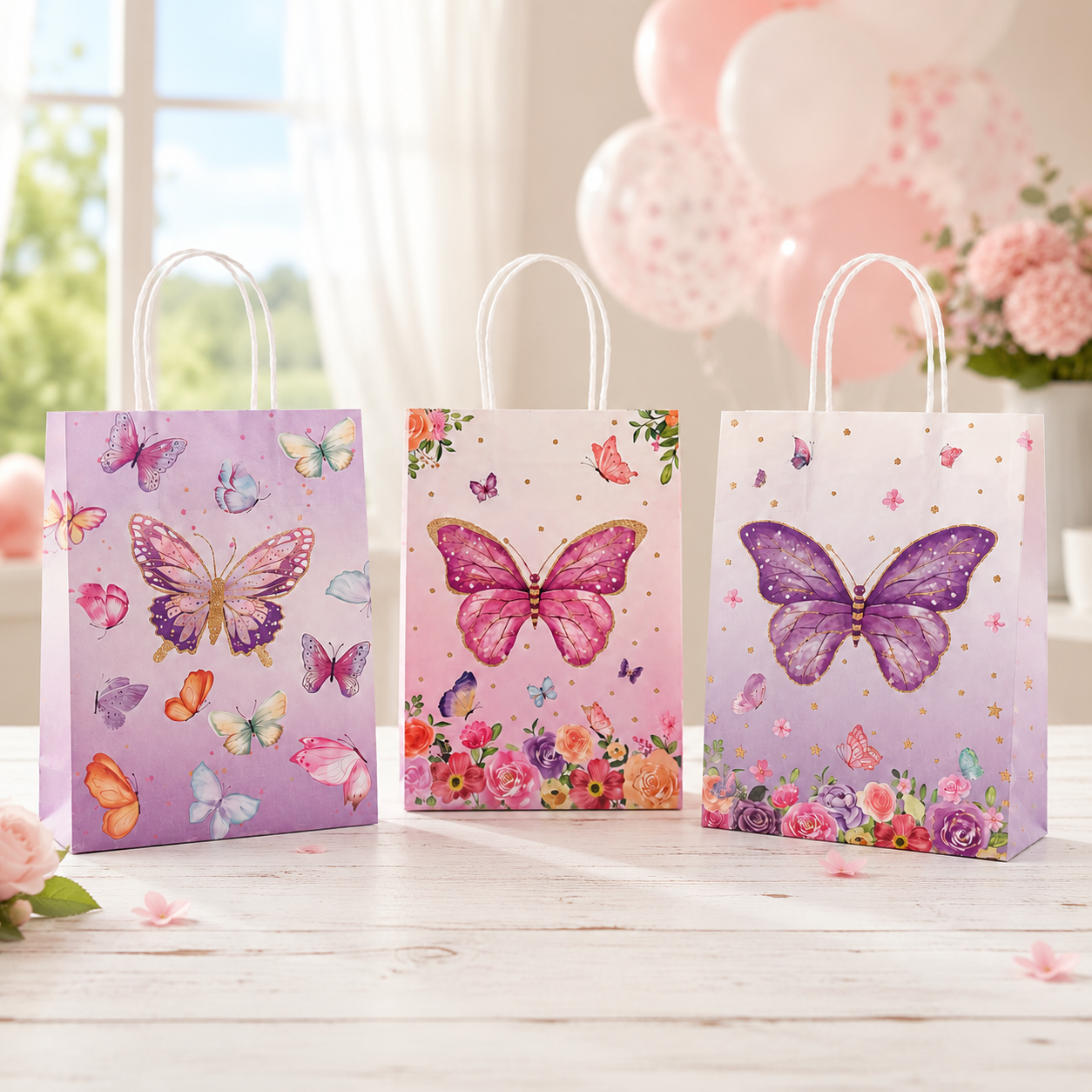 Three decorative paper gift bags with butterfly and floral designs, displayed on a light wooden table with pink balloons and flowers in the background.
