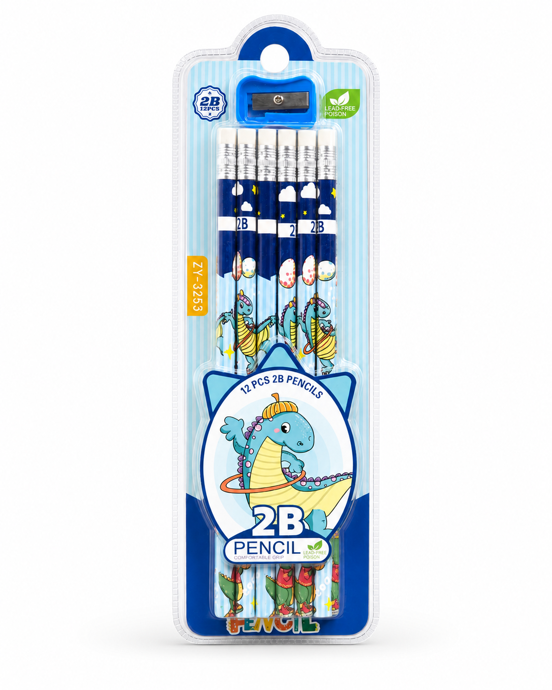 1 case in blue color showing pencils and a sharpener with cute dinosaur design