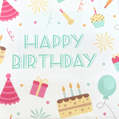 A square birthday card or print with the words “HAPPY BIRTHDAY” in mint green outlined letters, surrounded by pastel illustrations of a birthday cake, cupcakes, party hats, balloons, gifts, and confetti on a white background.