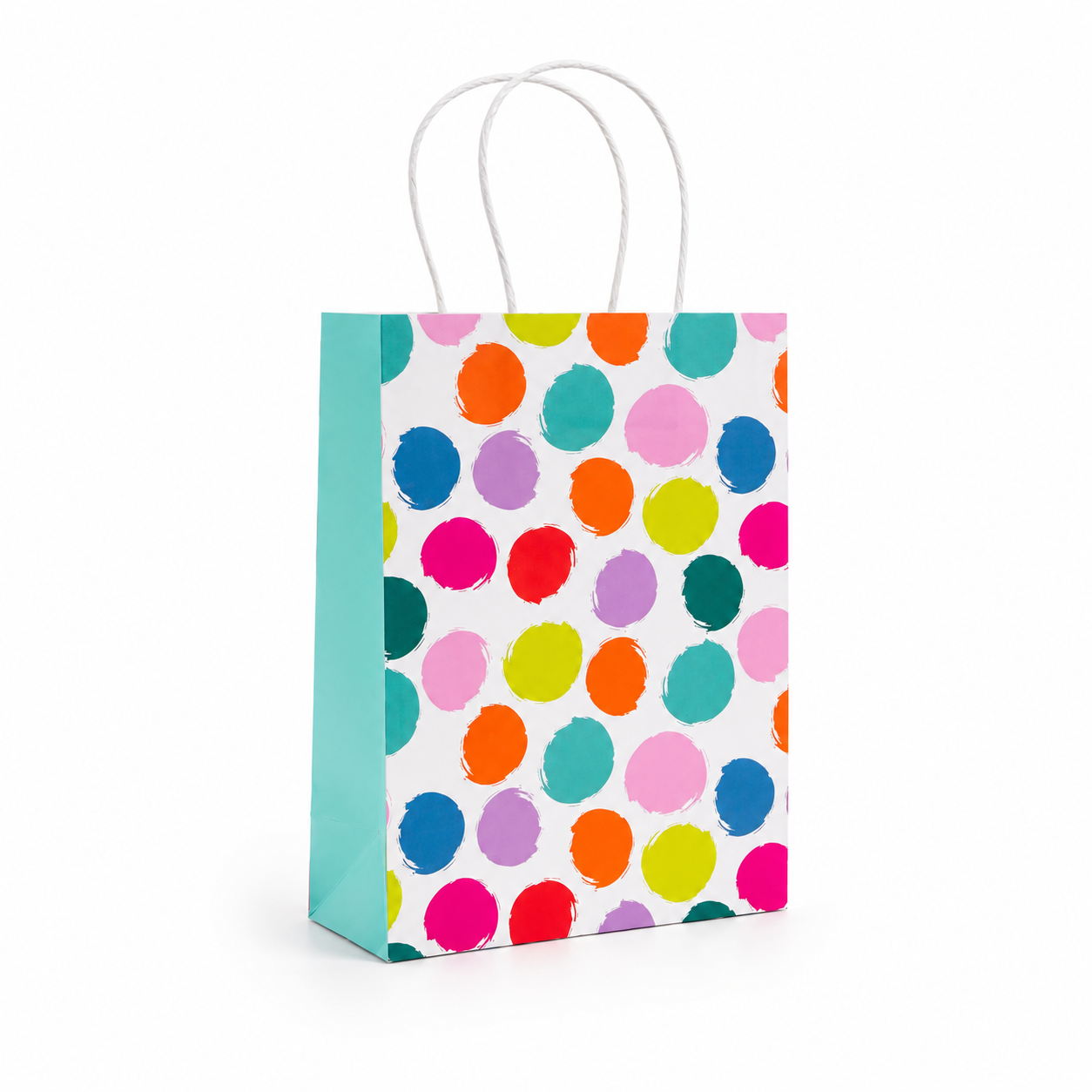 A small paper gift bag with white twisted handles, featuring a colorful pattern of painted polka dots in pink, orange, blue, green, yellow, and purple on a white background, with a solid turquoise side panel.