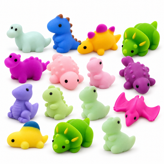 Set of 15 colorful mini dinosaur squishy toys arranged together on a clean white background.
