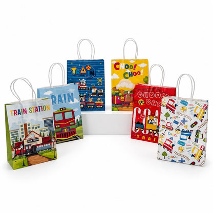 6 party favors bah featuring trains and animales on a white background