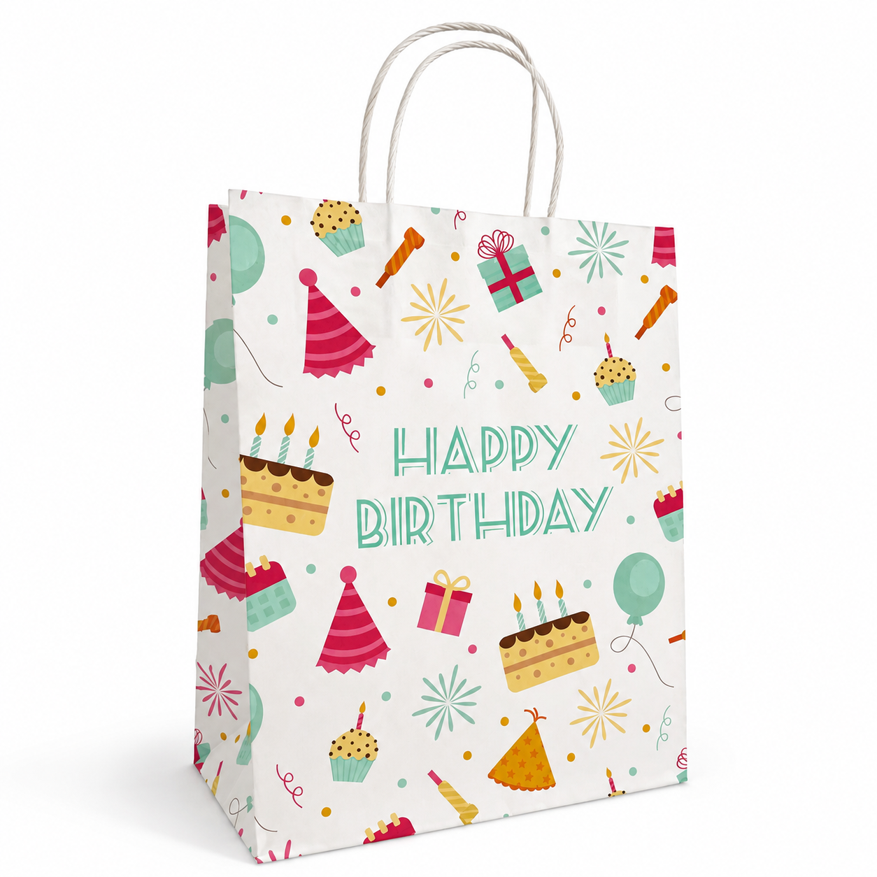 A white paper gift bag with white twisted handles, decorated with colorful 'HAPPY BIRTHDAY' text and festive illustrations including birthday cakes, party hats, cupcakes, balloons, fireworks, and gifts.