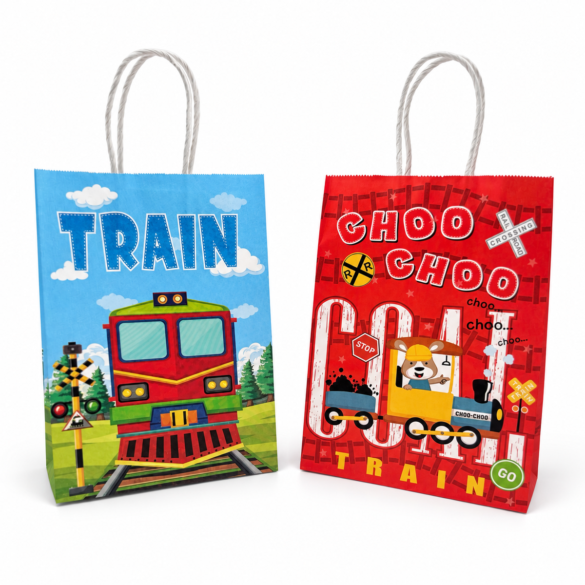 2 party favors bags blue e and red featuring trains and animals on a white background