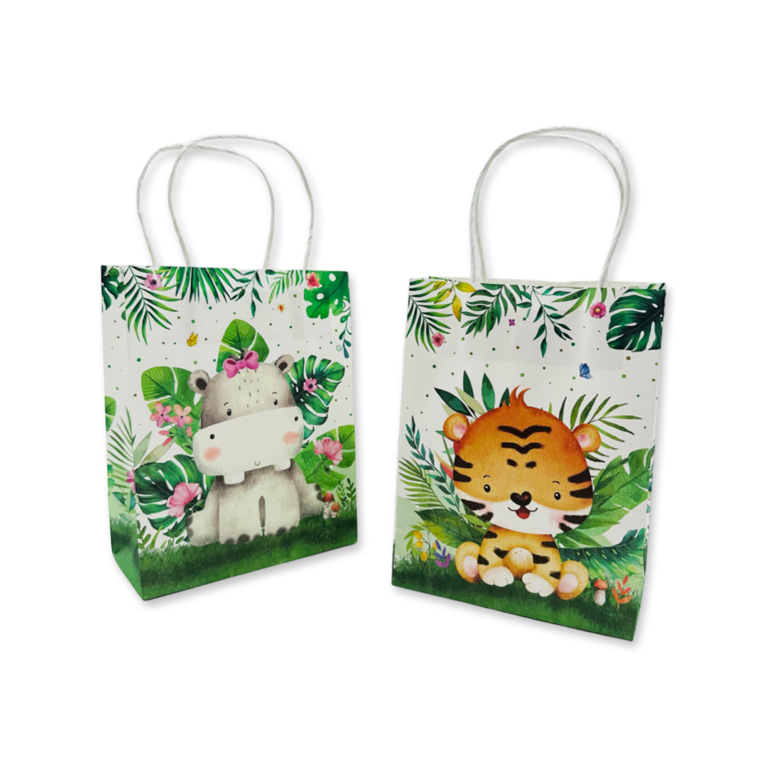 jungle animal party favor bags featuring hippo and tiger designs.