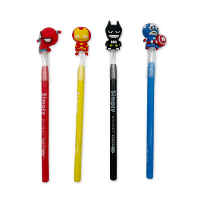 A set of four multi-point pencils, each with a different superhero figure on the top. The pencils are in yellow, red, blue, and black colors.