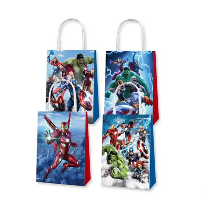 A set of 4 paper bags featuring various Marvel Avengers characters, designed for carrying party favors.