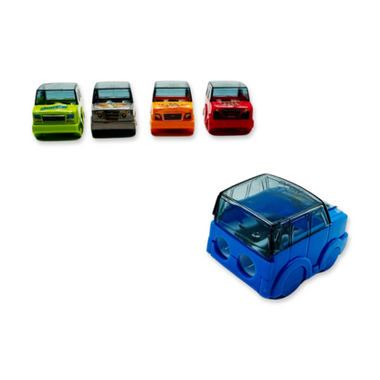 A set of five car-shaped pencil sharpeners in various colors including green, red, blue, orange, and gray.