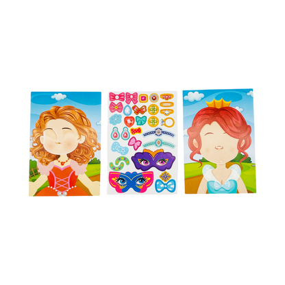 A set of colorful DIY puzzle game sheets with princess themed characters and stickers for creating custom princess faces.