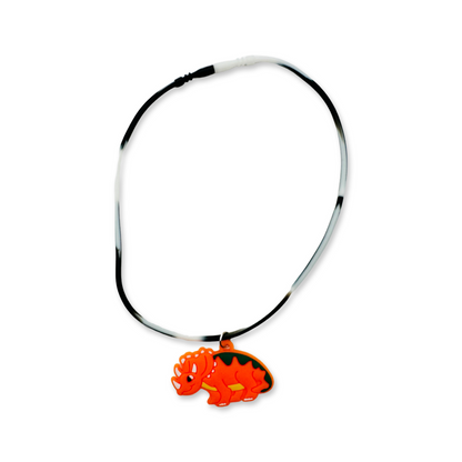 A silicone rubber necklace with orange dinosaur design.