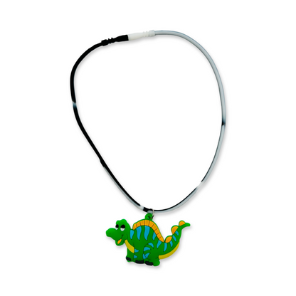 A silicone rubber necklace with green dinosaur design.