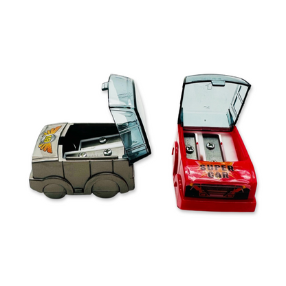 A set of 2 car-shaped pencil sharpeners in various red and gray.