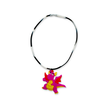A silicone rubber necklace with pink dinosaur design.
