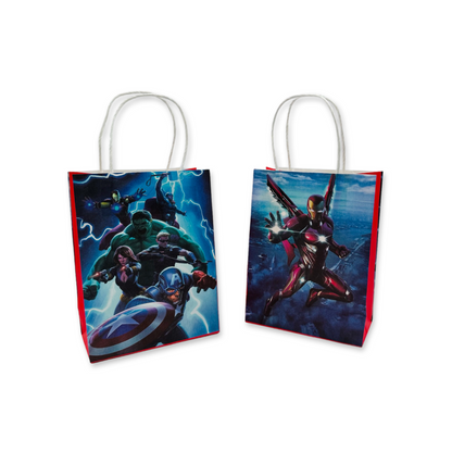 A set of 2 paper bags featuring various Marvel Avengers characters, designed for carrying party favors.