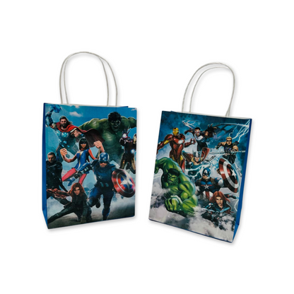 A set of 2 paper bags featuring various Marvel Avengers characters, designed for carrying party favors.