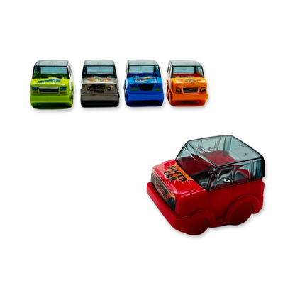 A set of five car-shaped pencil sharpeners in various colors including green, red, blue, orange, and gray.