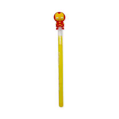 A yellow multi-point pencils, each with a different superhero figure on the top. 