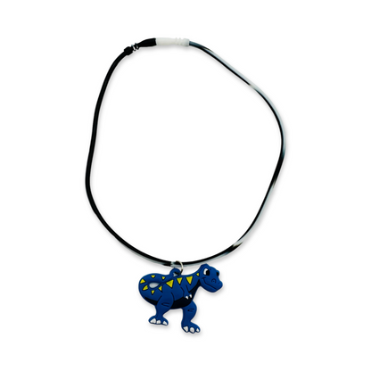 A silicone rubber necklace with blue dinosaur design.