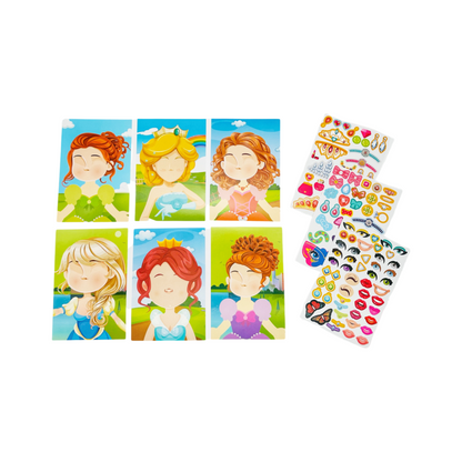 A set of colorful DIY puzzle game sheets with princess themed characters and stickers for creating custom princess faces.