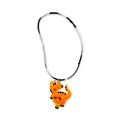 A silicone rubber necklace with orange dinosaur design.