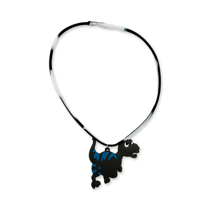 A silicone rubber necklace with black dinosaur design.
