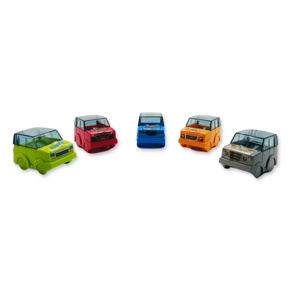 A set of five car-shaped pencil sharpeners in various colors including green, red, blue, orange, and gray.