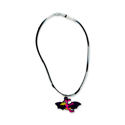 A silicone rubber necklace with pink dinosaur design.