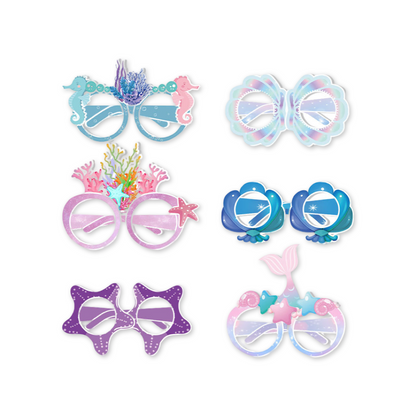 assorted mermaid-themed paper glasses on a white background