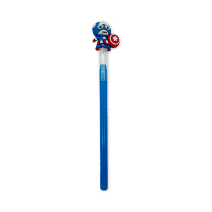 A blue multi-point pencils, each with a different superhero figure on the top. 