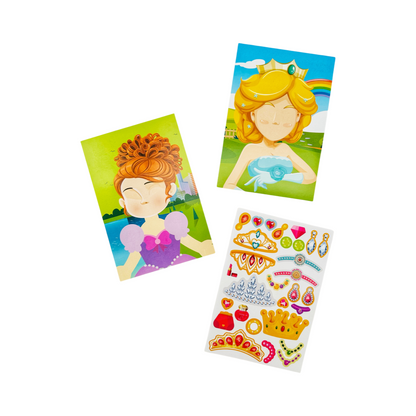 A set of colorful DIY puzzle game sheets with princess themed characters and stickers for creating custom princess faces.