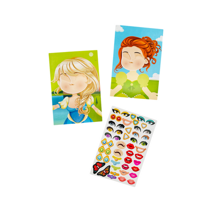 A set of colorful DIY puzzle game sheets with princess themed characters and stickers for creating custom princess faces.
