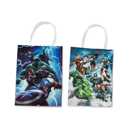 A set of 2 paper bags featuring various Marvel Avengers characters, designed for carrying party favors.