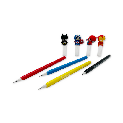 A set of four multi-point pencils, each with a different superhero figure on the top. The pencils are in yellow, red, blue, and black colors.