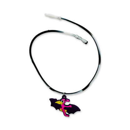A silicone rubber necklace with pink dinosaur design.