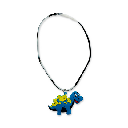 A silicone rubber necklace with blue dinosaur design.