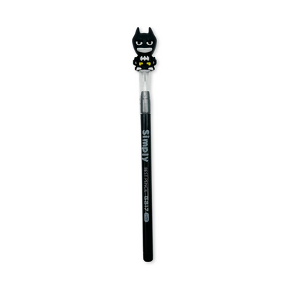 A black multi-point pencils, each with a different superhero figure on the top. 