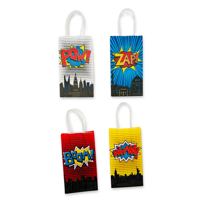 comic style paper favor bags with handles featuring comic words boom, pow, wham, zap on a white background.