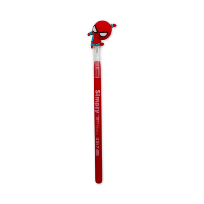 A red multi-point pencils, each with a different superhero figure on the top. 