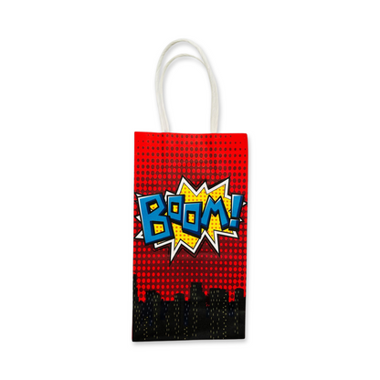 red comic style paper favor bags with handles featuring comic words boom on a white background.