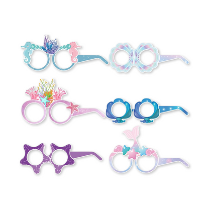 assorted mermaid-themed paper glasses on a white background