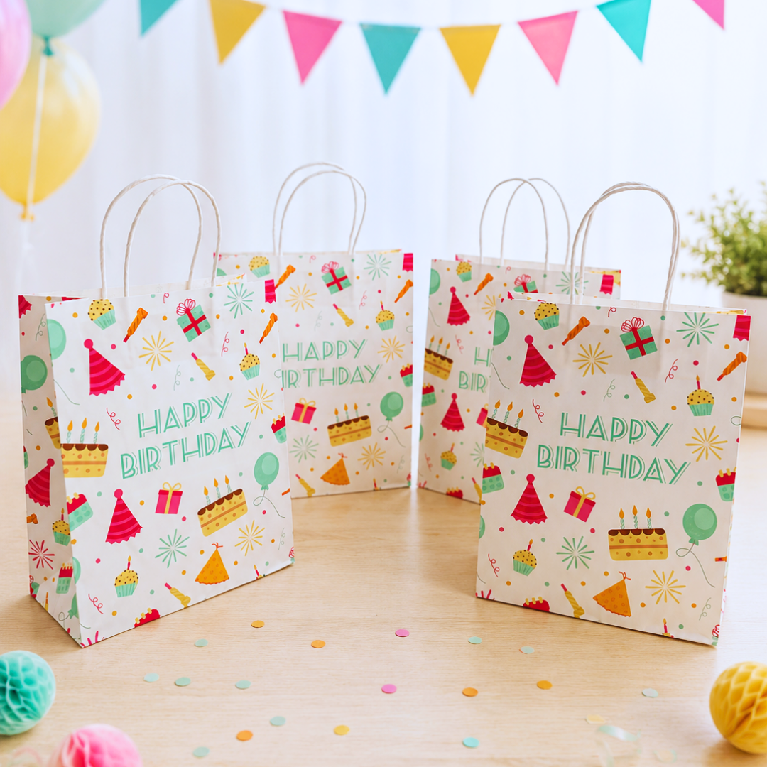 Four personalized birthday gift bags with white handles, decorated with a colorful 'Happy Birthday' print featuring cakes, party hats, balloons, and fireworks, arranged on a light wooden table with party decorations in the background.