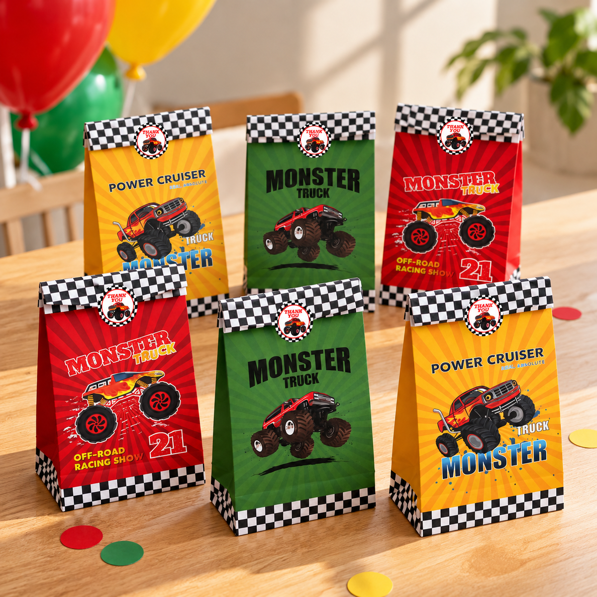 Monster truck party favor bags arranged for a racing themed birthday celebration