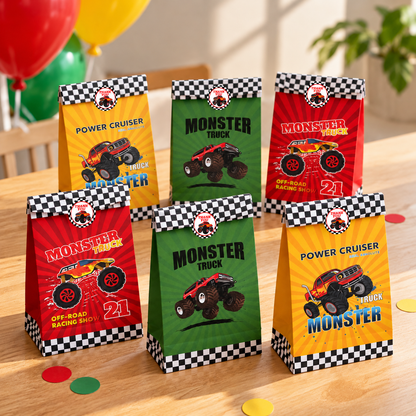 Monster truck party favor bags arranged for a racing themed birthday celebration