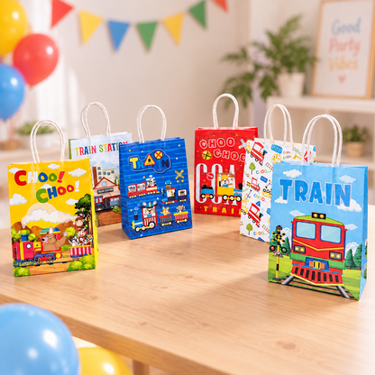a wooden table with some party favor bags, ballons and party set up